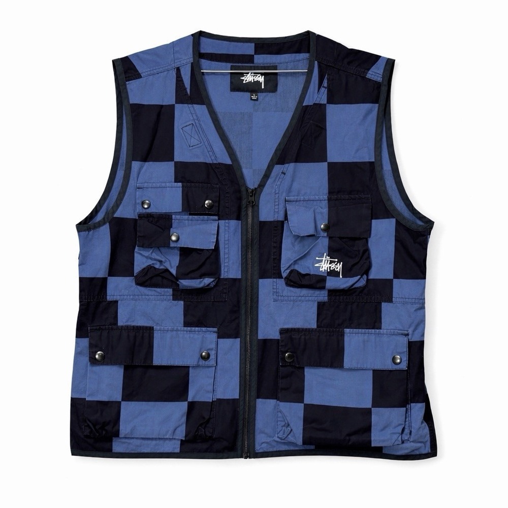Stussy Utility Vest Large Blue Black Check Zip Tactical Streetwear Cotton